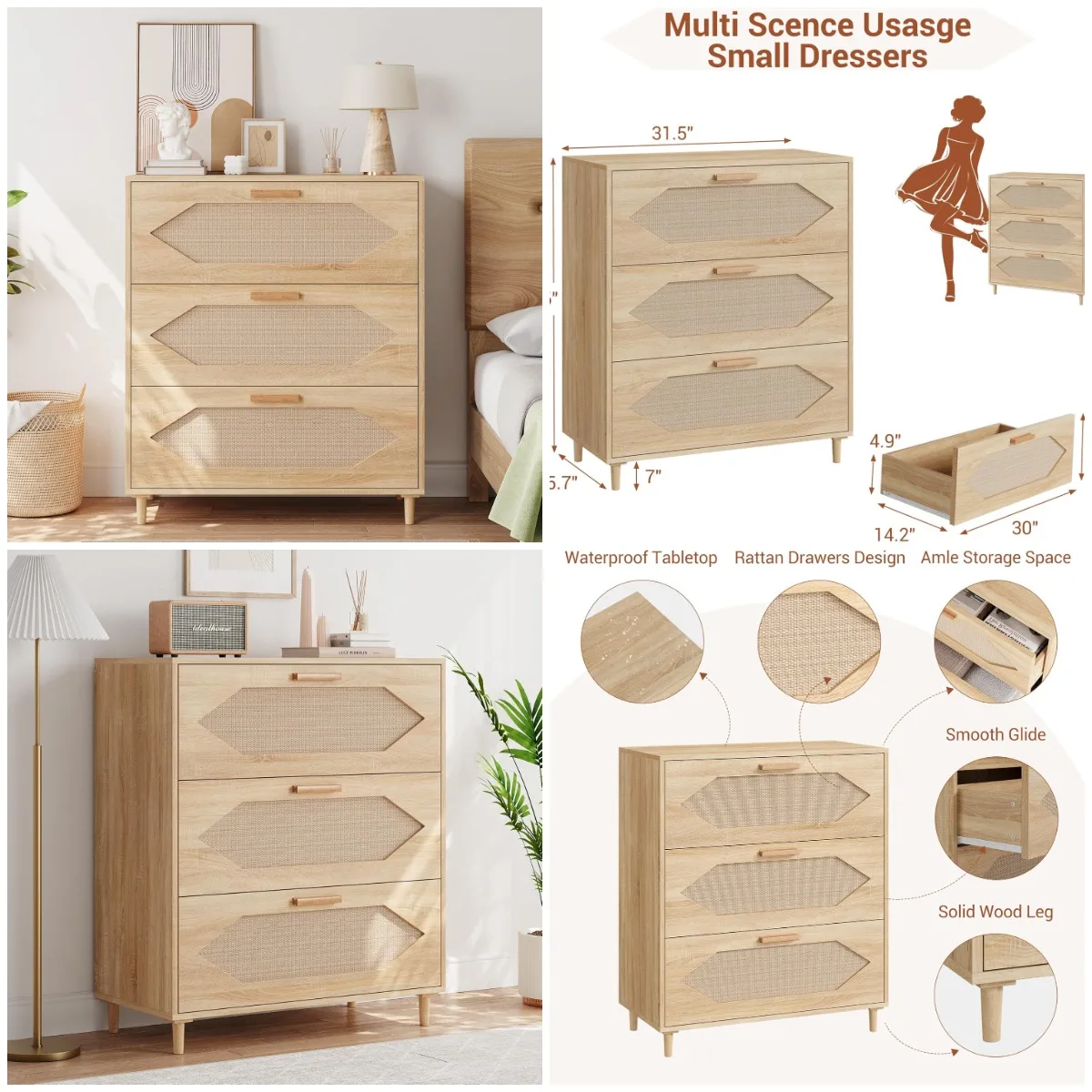 3-Drawer Rattan Dresser, 31.5' Wide Modern Oak Storage Chest for Bedroom, Kids Room, Hallway, Living Room
3-Drawer Rattan Dresser, 31.5' Wide Modern Oak Storage Chest for Bedroom, Kids Room, Hallway, Living Room