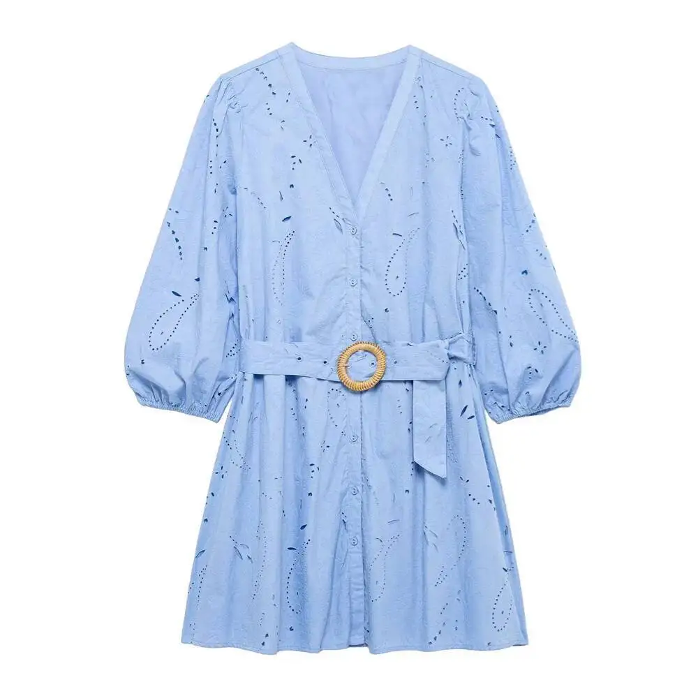 Embroidered Short V-Neck Button Belt Decoration Spring/Summer New Casual Women's Dress
Embroidered Short V-Neck Button Belt Decoration Spring/Summer New Casual Women's Dress