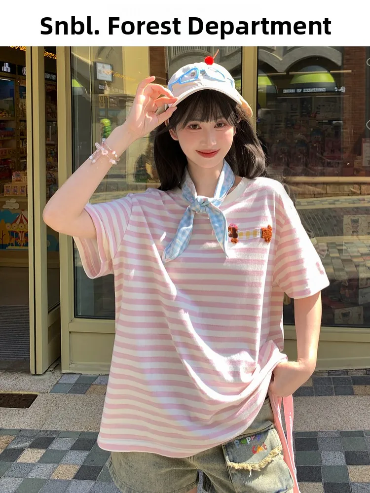 Sweet Style round Neck Short Sleeve Women's T-shirt Loose Fit Stripe Pattern Cotton Polyester Blend Summer New Arrival
Sweet Style round Neck Short Sleeve Women's T-shirt Loose Fit Stripe Pattern Cotton Polyester Blend Summer New Arrival