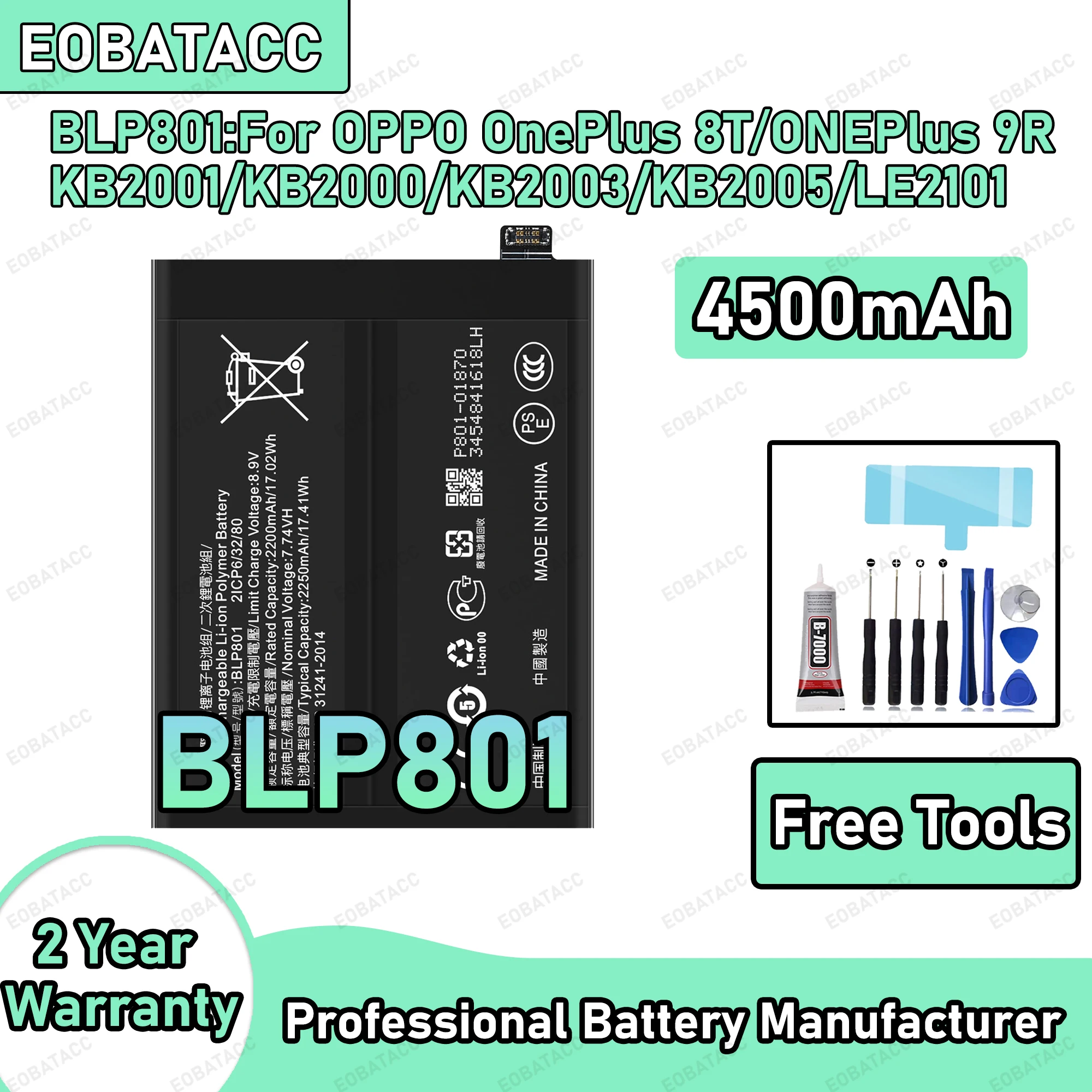 High Quality 4500mAh BLP801 Battery For OnePlus 8T 9R Long Lasting Power +Free Tools
High Quality 4500mAh BLP801 Battery For OnePlus 8T 9R Long Lasting Power +Free Tools