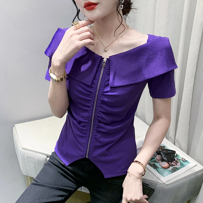 2023 New Summer Korean Style Cotton High Quality T-Shirt Chic Sexy Off Shoulder Zipper Draped Women Tops Short Sleeve Tees 34237
2023 New Summer Korean Style Cotton High Quality T-Shirt Chic Sexy Off Shoulder Zipper Draped Women Tops Short Sleeve Tees 34237