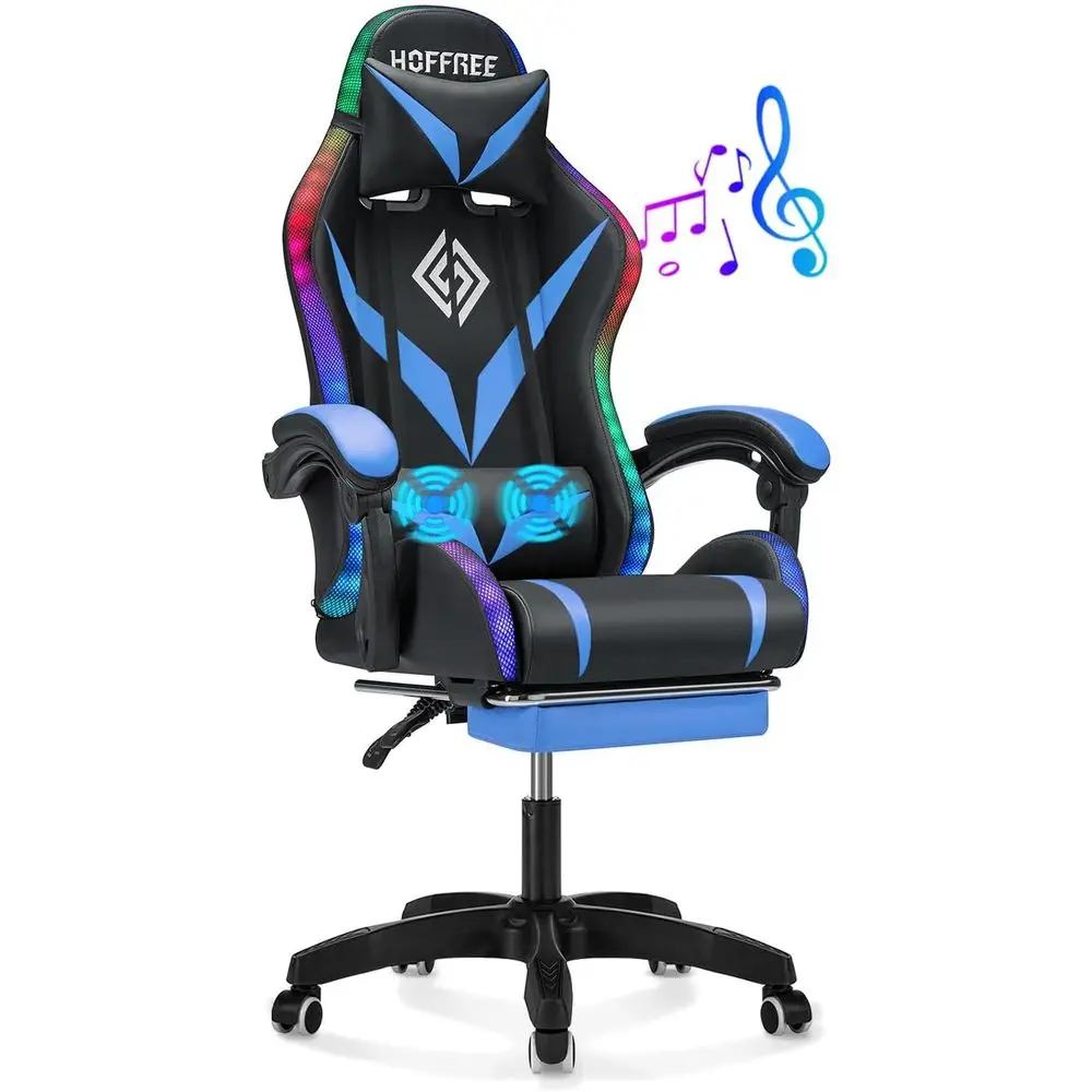 Ergonomic Bluetooth Gaming Chair with LED Lights, Massage, Lumbar Support, and Footrest for Adults in Blue and Black
Ergonomic Bluetooth Gaming Chair with LED Lights, Massage, Lumbar Support, and Footrest for Adults in Blue and Black