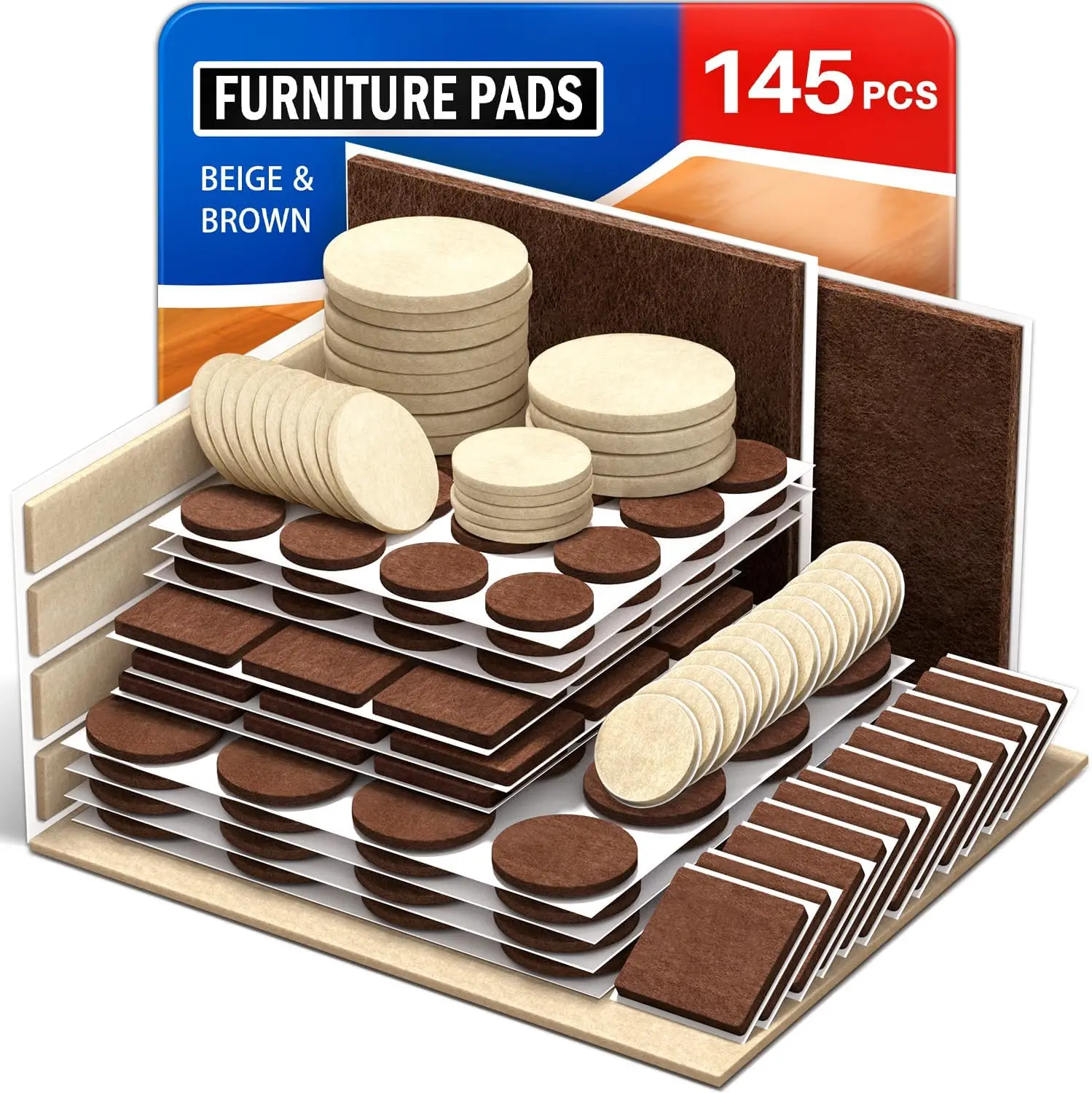 145 PCS Felt Furniture Pads for Hardwood Floors, Chair Leg Protectors (Brown & Beige)
145 PCS Felt Furniture Pads for Hardwood Floors, Chair Leg Protectors (Brown & Beige)