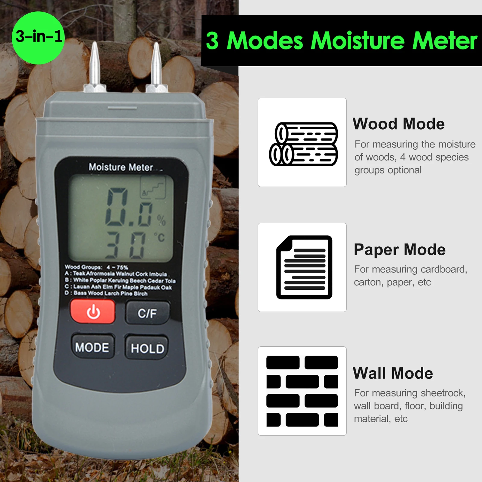 Two Pins Digital Wood Humidity Content Tester Moisture Analyzer Moisture Tester for Firewood Lumber Home Inspections
Two Pins Digital Wood Humidity Content Tester Moisture Analyzer Moisture Tester for Firewood Lumber Home Inspections
