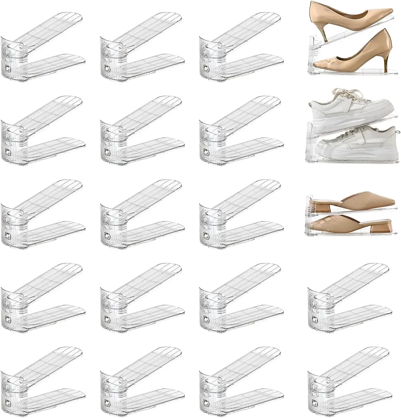 20-Pack Adjustable Shoe Stacker Organizer, Space-Saving Transparent Rack for Closet Storage
20-Pack Adjustable Shoe Stacker Organizer, Space-Saving Transparent Rack for Closet Storage