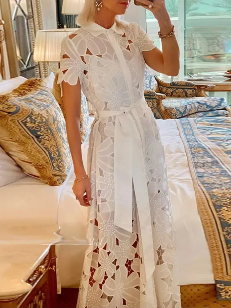 Elegant Long Dress Women White Sexy Hollow Short Sleeved Single Breasted Lace Up Dresses 2025 New Summer Holiday Party Vestidos
Elegant Long Dress Women White Sexy Hollow Short Sleeved Single Breasted Lace Up Dresses 2025 New Summer Holiday Party Vestidos