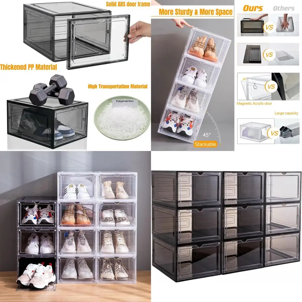 Stackable Clear Black Shoe Storage Boxes with Magnetic Doors, Drop Front for 9 Pairs
Stackable Clear Black Shoe Storage Boxes with Magnetic Doors, Drop Front for 9 Pairs