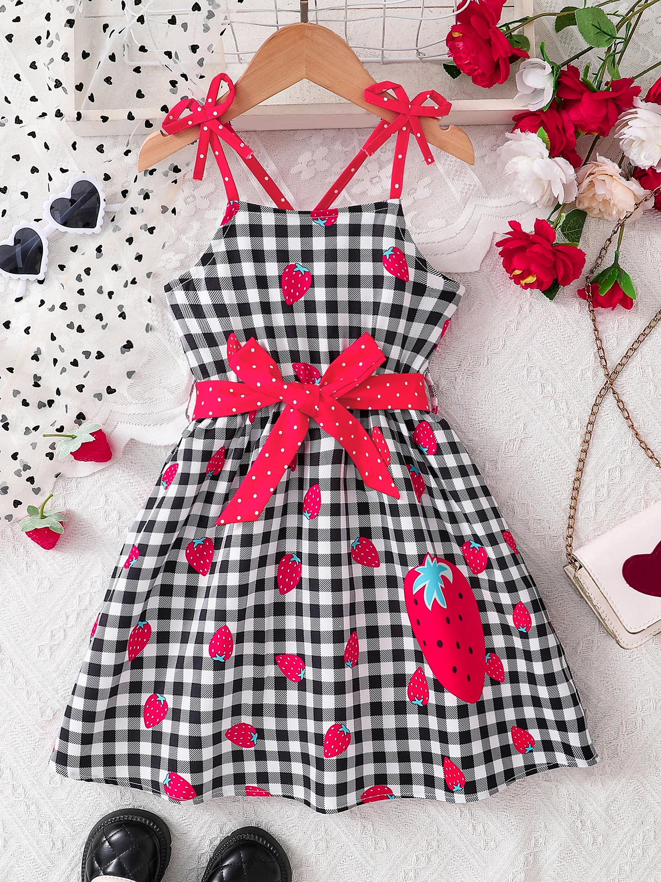 European and American Style Girls' Summer Thin Sleeveless Dress, Black and White Checkered Strawberry Pattern Rose Red Bow Dress, Youthful and Energetic Fashion Versatile Suspender A-Line Dress for Girls Aged 4-5-6-7-8 Years, Suitable for Outdoor Activiti
European and American Style Girls' Summer Thin Sleeveless Dress, Black and White Checkered Strawberry Pattern Rose Red Bow Dress, Youthful and Energetic Fashion Versatile Suspender A-Line Dress for Girls Aged 4-5-6-7-8 Years, Suitable for Outdoor Activiti