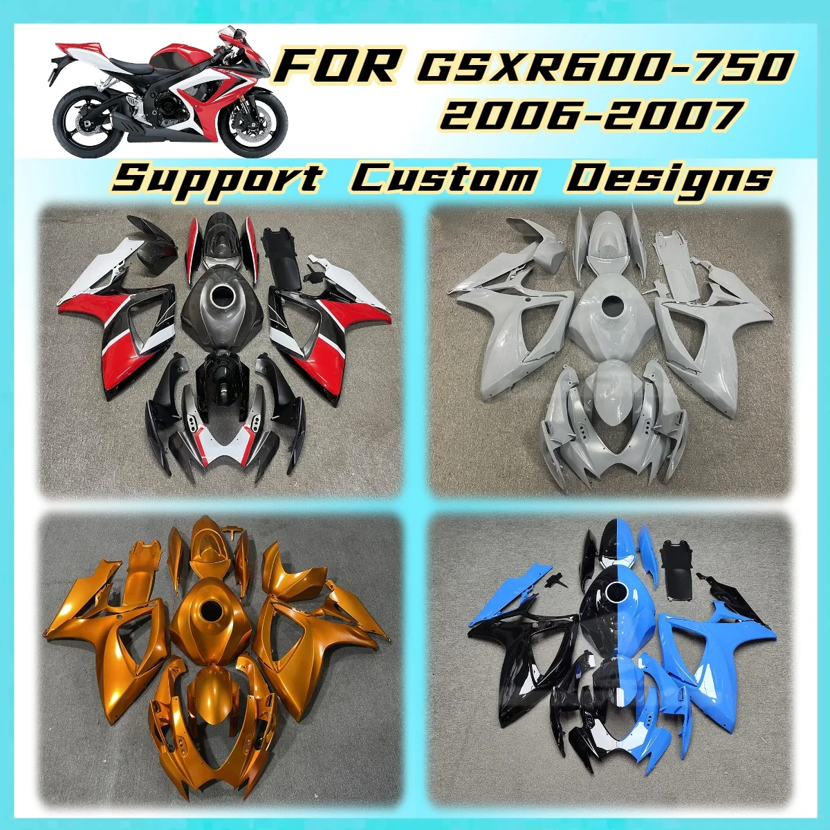 Custom Colors Fairings 2006 2007 GSXR 600 750 Motorcycle Accessories Fairing Kit for Suzuki GSXR600 GSXR750 06 07 Injection
Custom Colors Fairings 2006 2007 GSXR 600 750 Motorcycle Accessories Fairing Kit for Suzuki GSXR600 GSXR750 06 07 Injection