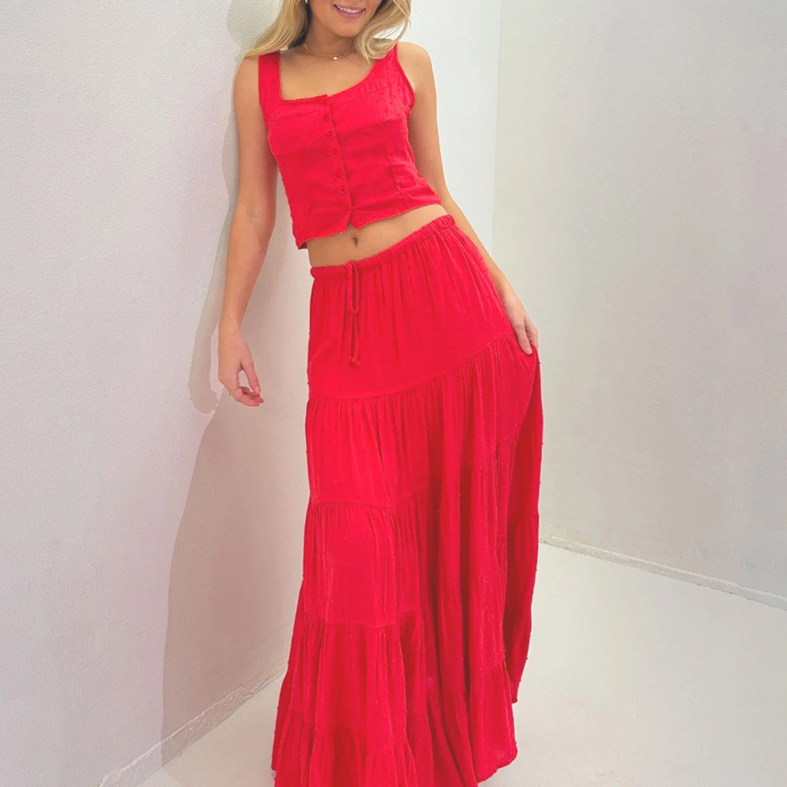 Women's Summer Outfits Solid Color Scoop Neck Tank Tops with Tiered A-line Skirt Set Party Clothes
Women's Summer Outfits Solid Color Scoop Neck Tank Tops with Tiered A-line Skirt Set Party Clothes