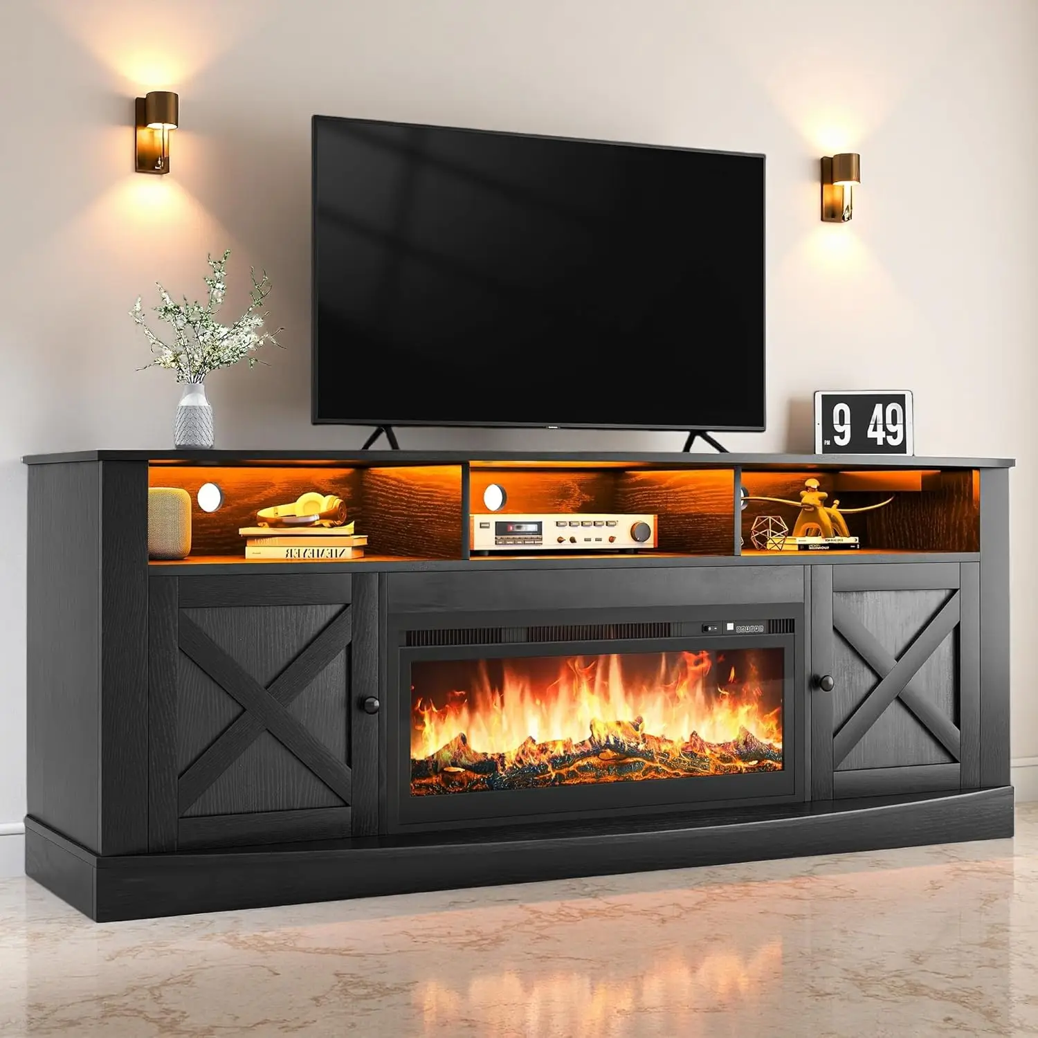 Farmhouse TV Stand with Fireplace for TVs up to 80", Barn Door Media Console with LED Lights, Entertainment Center with Power Ou
Farmhouse TV Stand with Fireplace for TVs up to 80", Barn Door Media Console with LED Lights, Entertainment Center with Power Ou