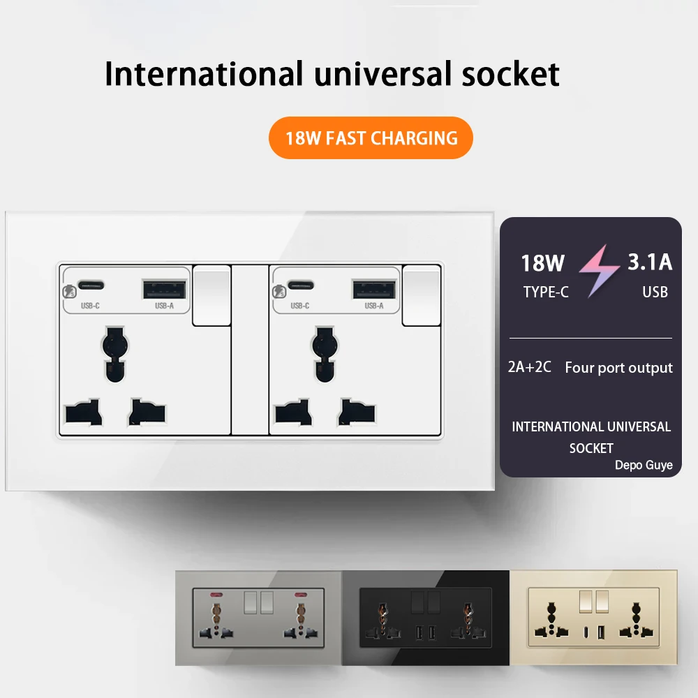 Universal Wall Socket 18W Type-C Fast Charging Plug Outlet,Glass Double 3-Pin Power Socket with DC 5V 3.1A Type-c USB Charger
Universal Wall Socket 18W Type-C Fast Charging Plug Outlet,Glass Double 3-Pin Power Socket with DC 5V 3.1A Type-c USB Charger