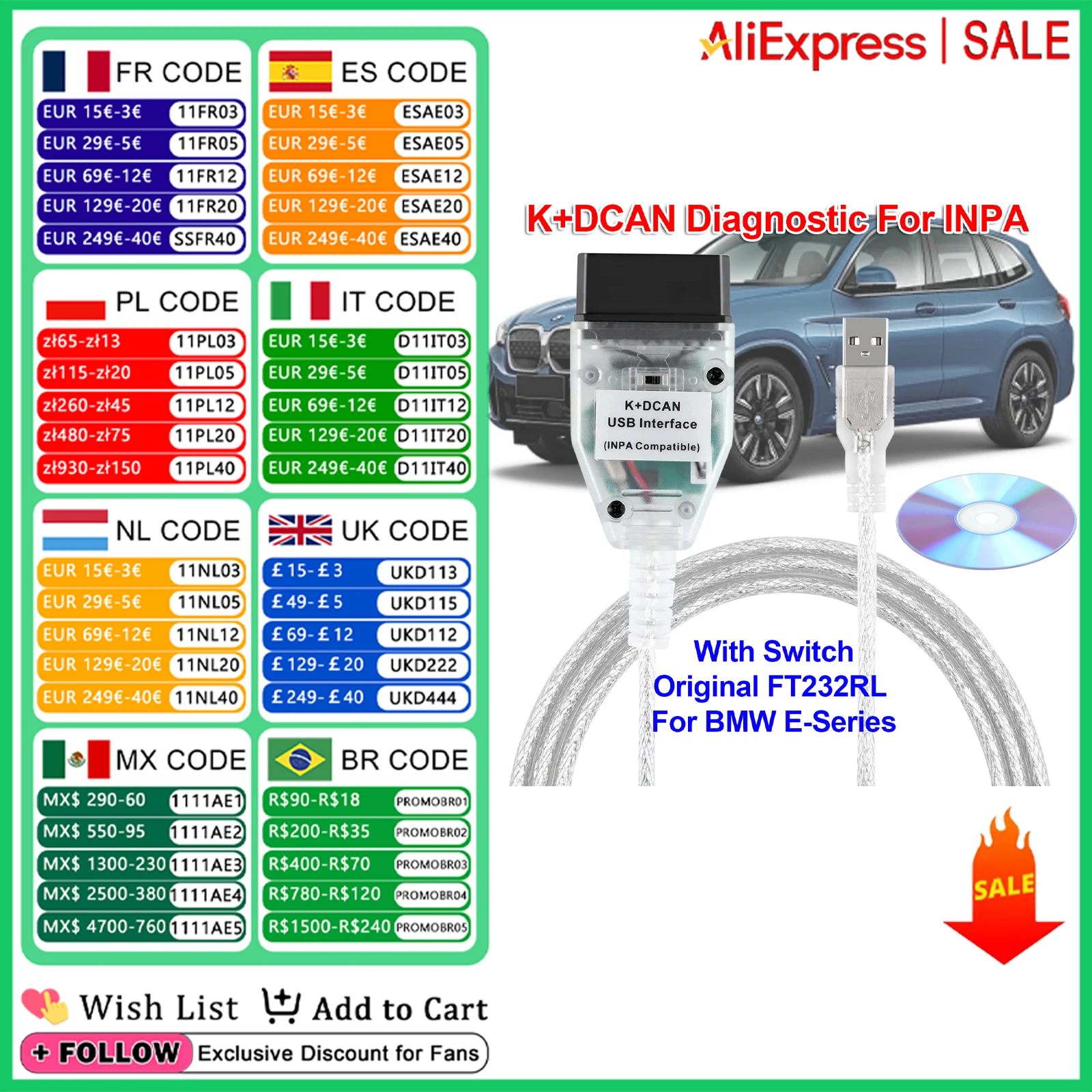 Диагностический инструмент K + DCAN для BMW INPA FTDI FT232RL 9241A с переключателем OBD2, интерфейсный кабель для кодирования NCS, программирование WinFP Tool32
Диагностический инструмент K + DCAN для BMW INPA FTDI FT232RL 9241A с переключателем OBD2, интерфейсный кабель для кодирования NCS, программирование WinFP Tool32