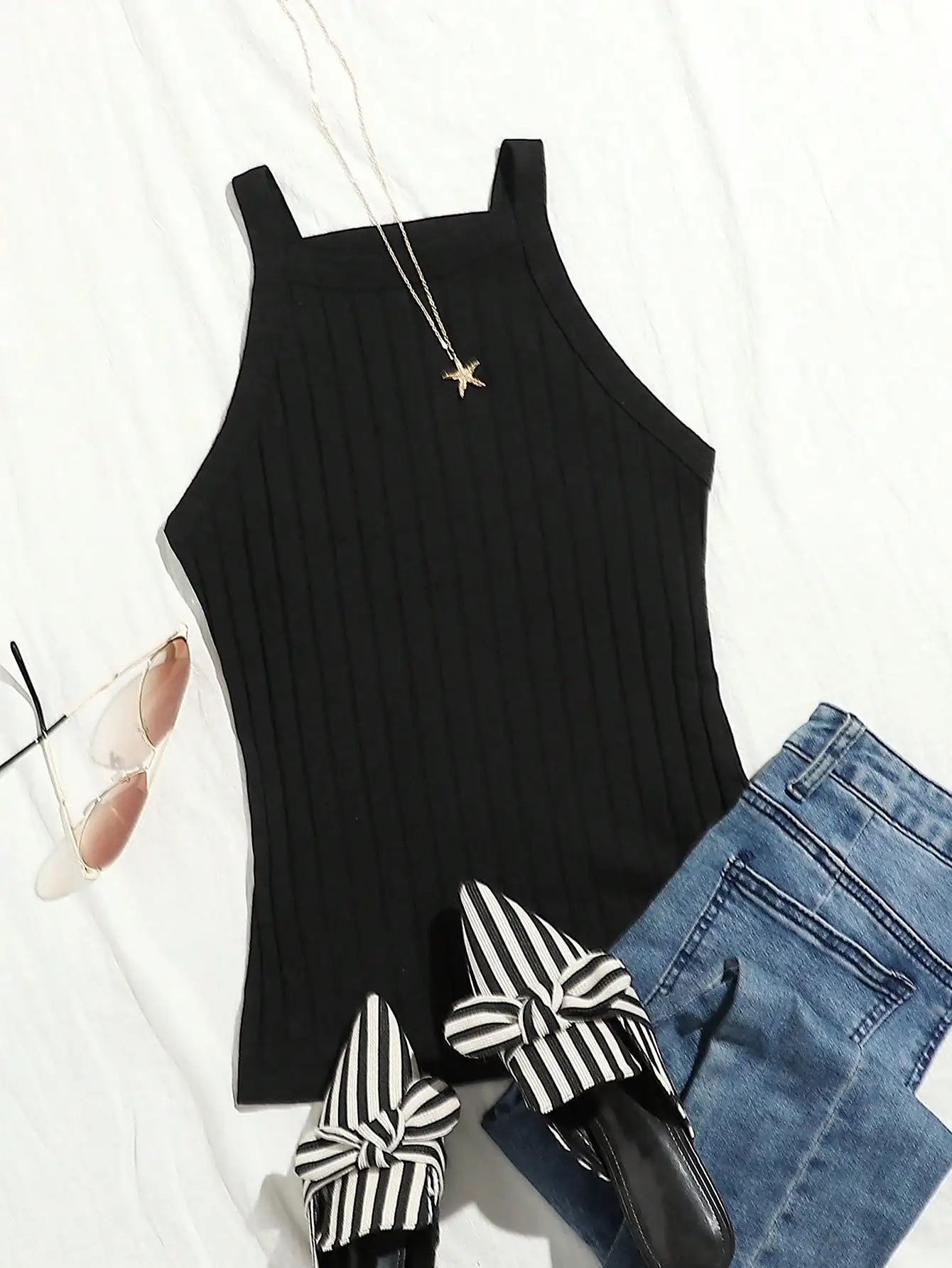 Black Ribbed Knit Camisole Top with Square Neck and Thin Straps
Black Ribbed Knit Camisole Top with Square Neck and Thin Straps