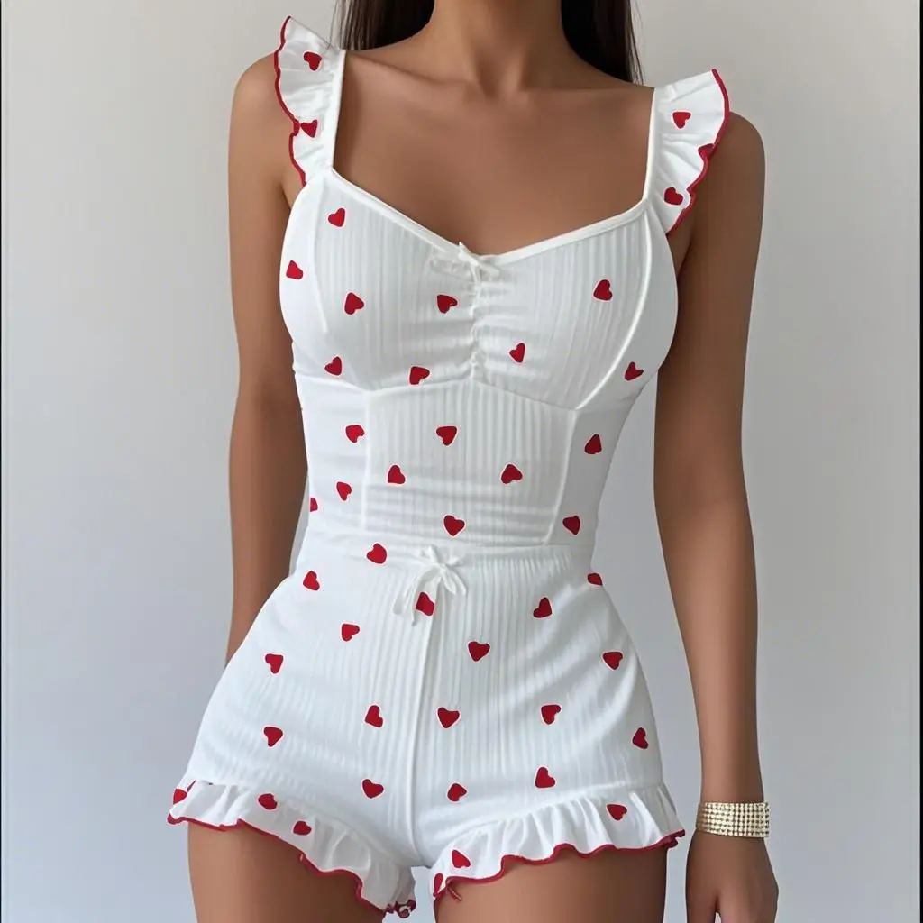 Ruffle Heart-Shaped Printed V-Neck Sleeveless Camisole Top and Slim Fit Shorts Set for Summer Women's Home Wear Two-Piece Set
Ruffle Heart-Shaped Printed V-Neck Sleeveless Camisole Top and Slim Fit Shorts Set for Summer Women's Home Wear Two-Piece Set