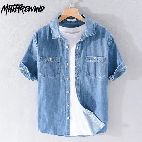 Summer Classic Short Sleeve Denim Shirt Men Casual Slim Jean Shirts Pure Cotton Double Pockets Cowboy Shirt Fashion Men Clothing