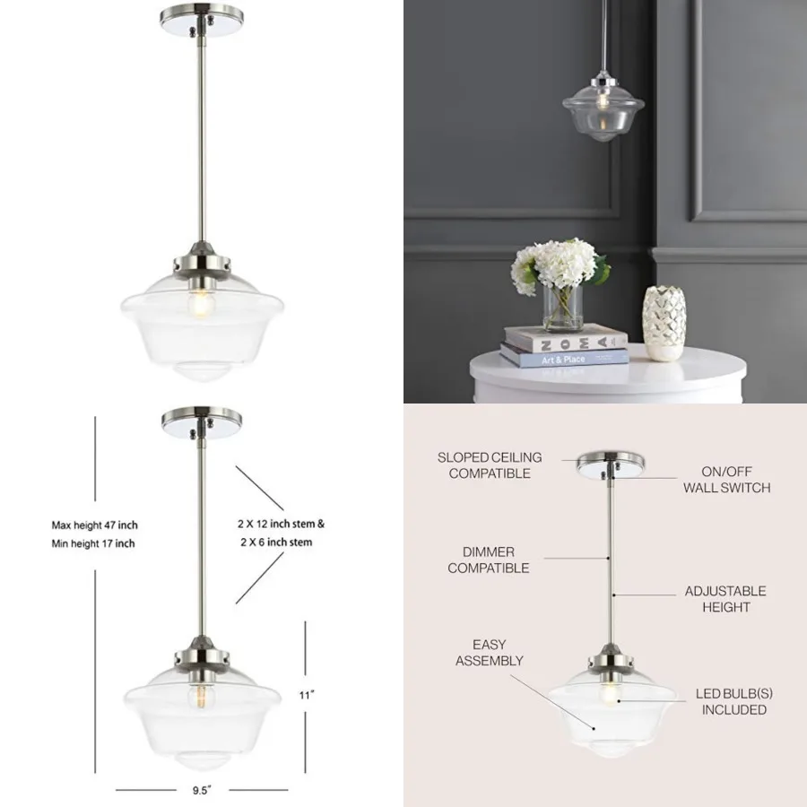 9.5" Modern Schoolhouse LED Pendant Light Fixture, Adjustable Drop Metal Hanging Lamp with White Glass Shade for Kitchen Island
9.5" Modern Schoolhouse LED Pendant Light Fixture, Adjustable Drop Metal Hanging Lamp with White Glass Shade for Kitchen Island