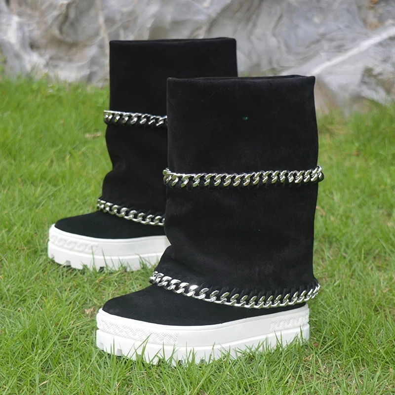 Beige Black Cow Suede 10cm Inner Height Increased Wedge Mid Boots Double Chains Thick Platform Sole Woman Booties Real Photos
Beige Black Cow Suede 10cm Inner Height Increased Wedge Mid Boots Double Chains Thick Platform Sole Woman Booties Real Photos