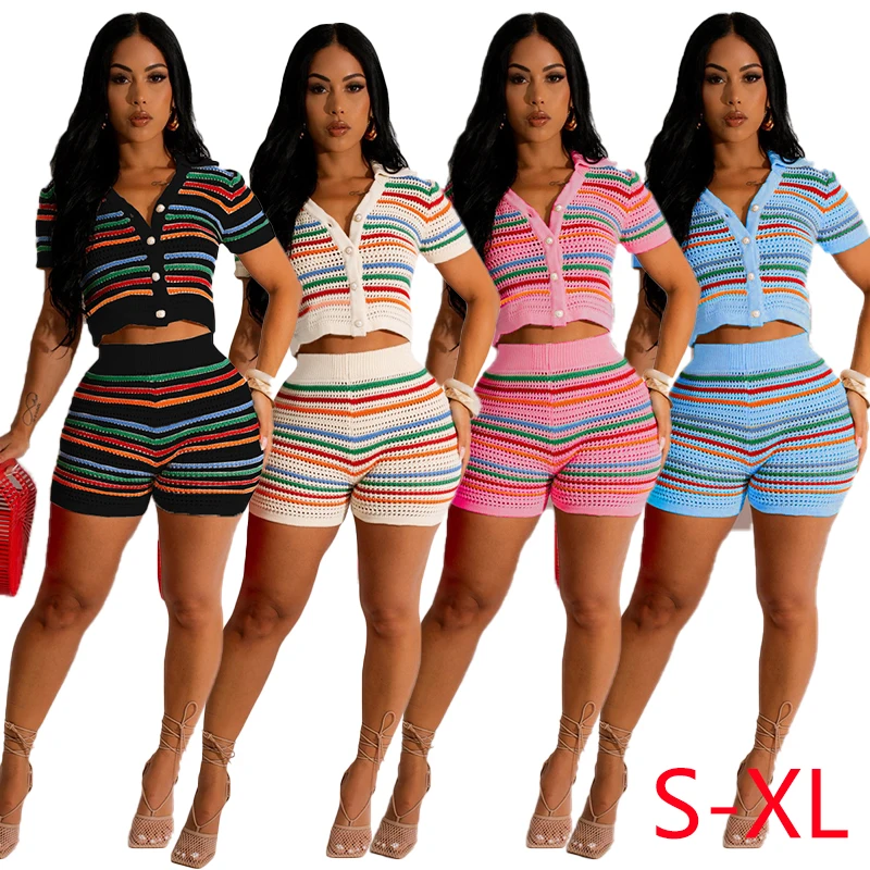 Chic Knit Contrasting colors Striped Sweet Women Suit Short Sleeve polo T-shirts Streetwear Mini Casual Shorts Soft Holiday Set
Chic Knit Contrasting colors Striped Sweet Women Suit Short Sleeve polo T-shirts Streetwear Mini Casual Shorts Soft Holiday Set