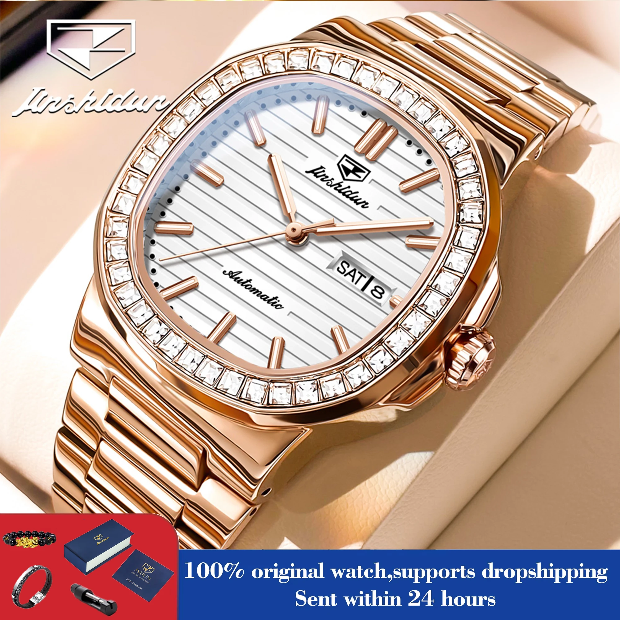 JSDUN Luxury Automatic Watch Men Diamond Bezel Day Date Mechanical Wristwatch Stainless Steel Waterproof Mens Watches 8953
JSDUN Luxury Automatic Watch Men Diamond Bezel Day Date Mechanical Wristwatch Stainless Steel Waterproof Mens Watches 8953