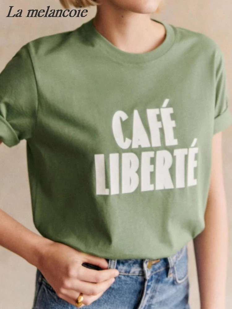 Green Cotton T-shirt For Women 2024 New Summer Fashion French Letter Print T-Shirts Casual Loose O-Neck Short Sleeve Tees Tops
Green Cotton T-shirt For Women 2024 New Summer Fashion French Letter Print T-Shirts Casual Loose O-Neck Short Sleeve Tees Tops