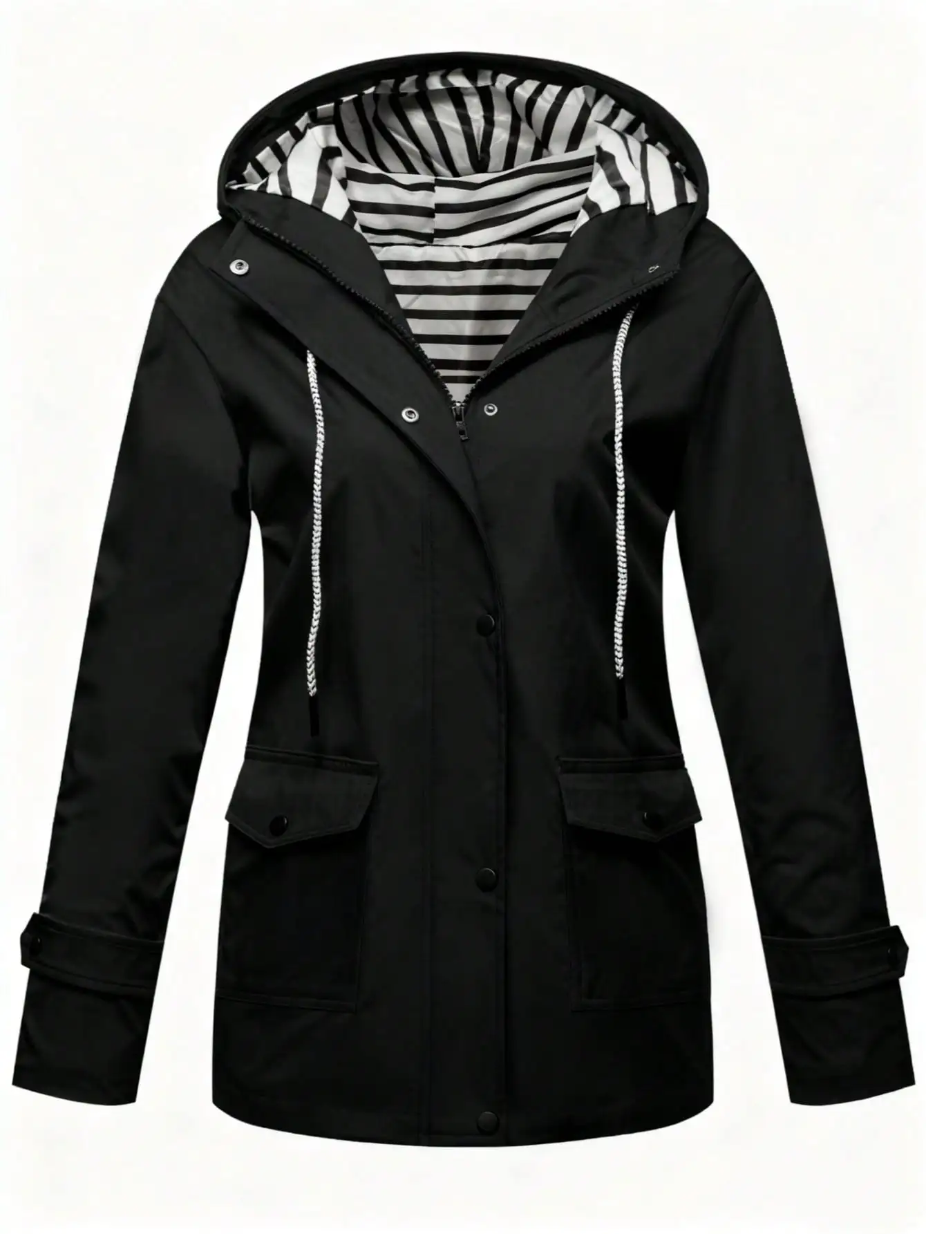 Women's Black Hooded Raincoat with Striped Lining, Lightweight Zip-Up Jacket for Spring Summer Outdoor Wear
Women's Black Hooded Raincoat with Striped Lining, Lightweight Zip-Up Jacket for Spring Summer Outdoor Wear