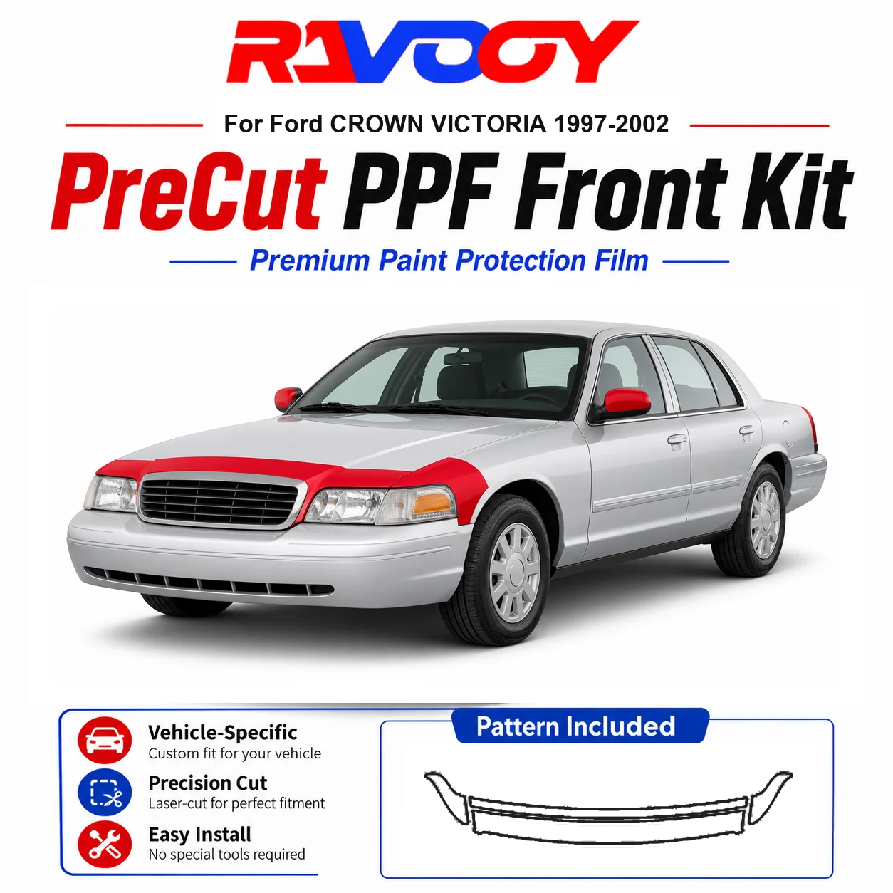 8.5mil TPU Precut PPF Kit For Ford CROWN VICTORIA 1997-2002 - Hood, Fenders & Mirror Set - Self-Healing Clear Bra Film
8.5mil TPU Precut PPF Kit For Ford CROWN VICTORIA 1997-2002 - Hood, Fenders & Mirror Set - Self-Healing Clear Bra Film