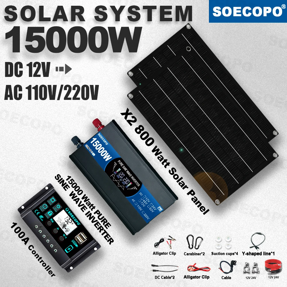 SOECOPO 15000W Easy-Install Solar Power Kit 2×800W Panel 100A Controller 110V 220V Pure Sine Wave Inverter for Beach car Outdoor
SOECOPO 15000W Easy-Install Solar Power Kit 2×800W Panel 100A Controller 110V 220V Pure Sine Wave Inverter for Beach car Outdoor