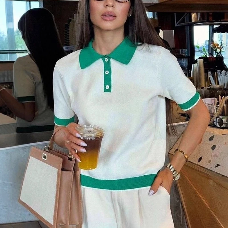 Talenza Knitted Contrast T Shirt For Women Short Sleeve Patchwork Lapel Button Pullover Top 2025 Summer Female Casual Knitwear
Talenza Knitted Contrast T Shirt For Women Short Sleeve Patchwork Lapel Button Pullover Top 2025 Summer Female Casual Knitwear