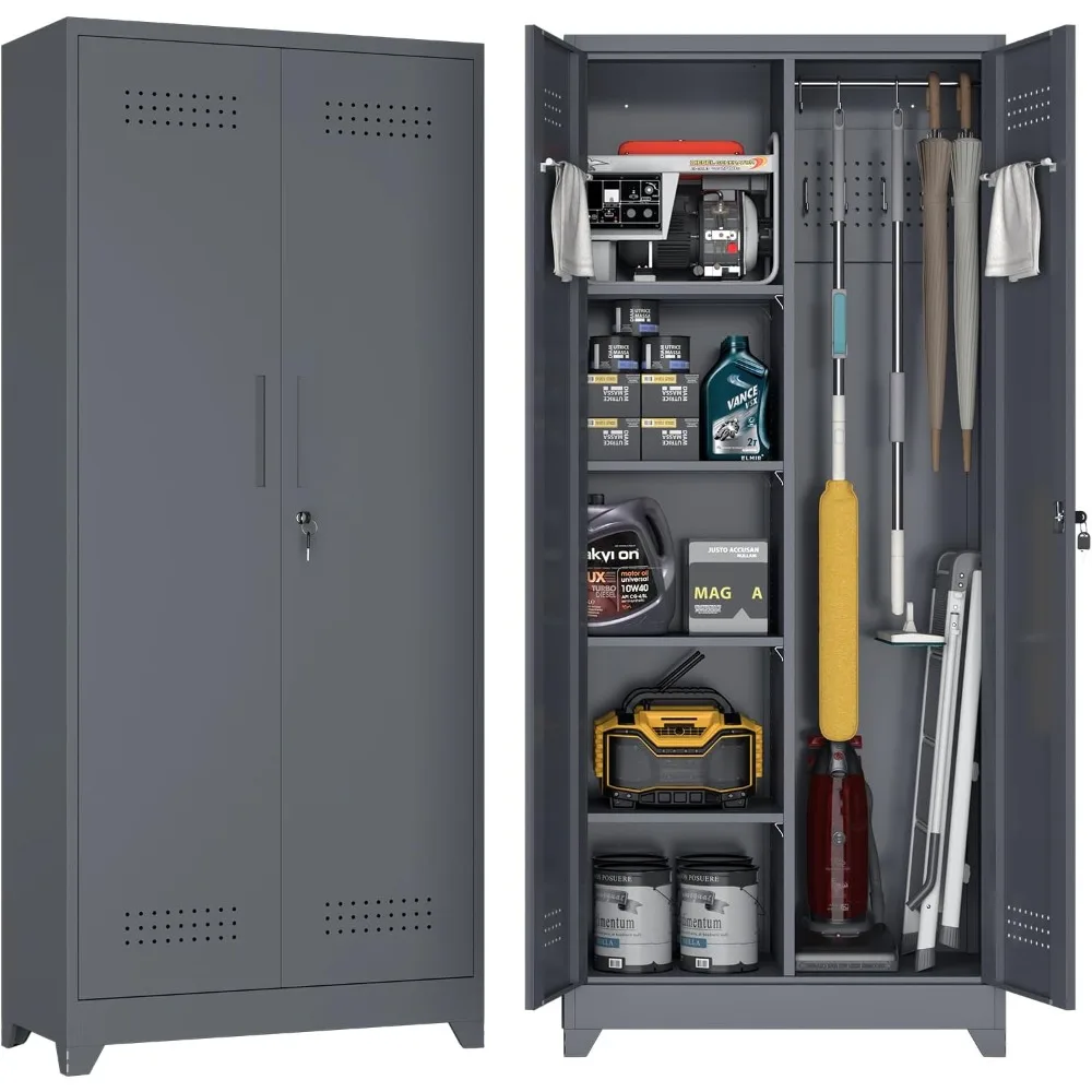 H Metal Garage Storage Cabinet with Doors, Broom Closet Storage Cabinets with Shelves, Pegboard Hanging Rod & S-Hooks, Func
H Metal Garage Storage Cabinet with Doors, Broom Closet Storage Cabinets with Shelves, Pegboard Hanging Rod & S-Hooks, Func