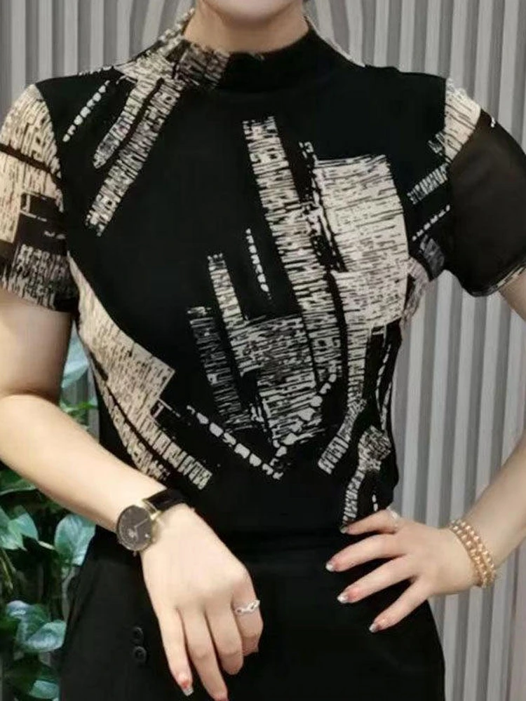 Slim Fit Summer New Fashion Korean Style Printed Half High Collar Elastic Versatile Women's T-Shirt Casual Commute Style
Slim Fit Summer New Fashion Korean Style Printed Half High Collar Elastic Versatile Women's T-Shirt Casual Commute Style