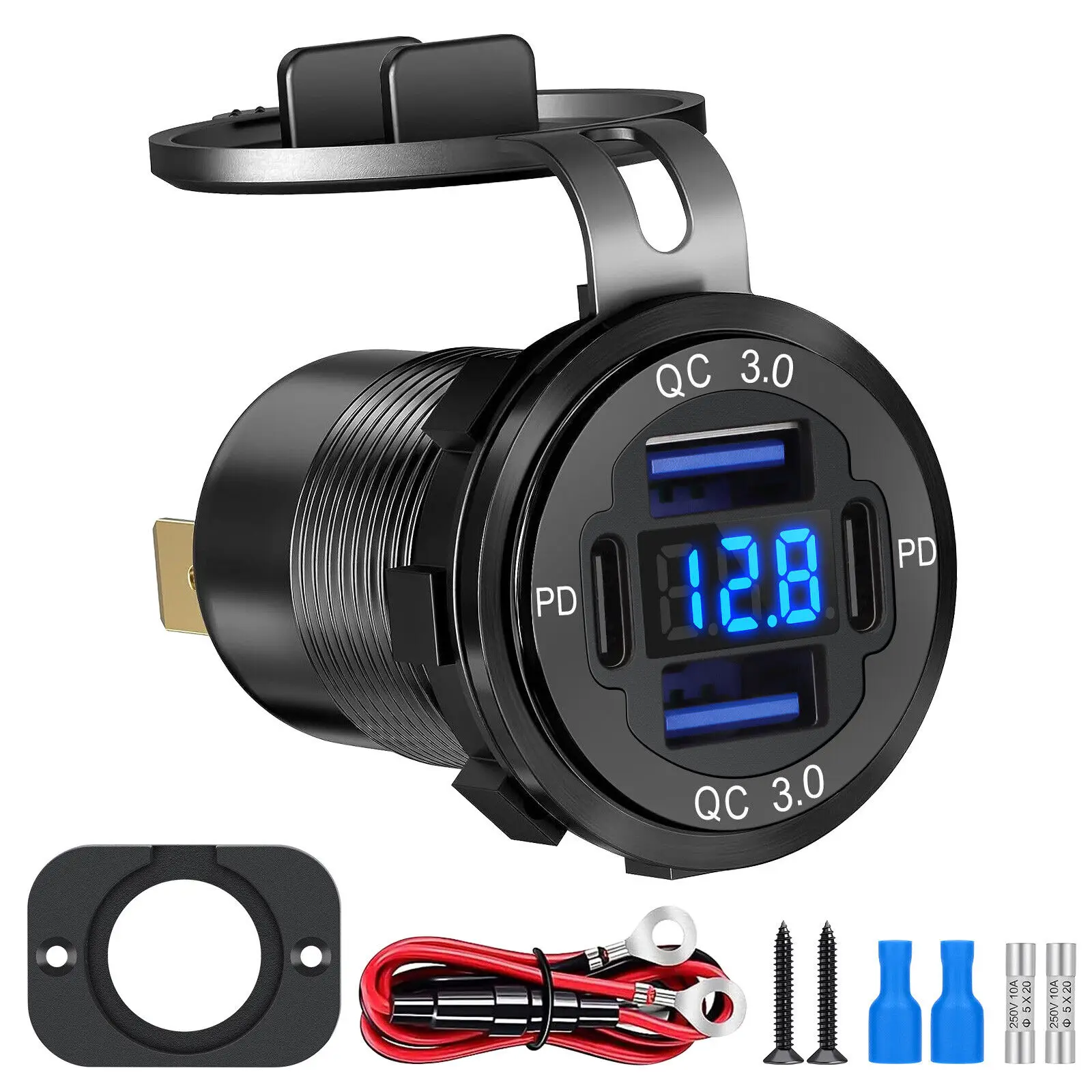 12-24V 4 Port Fast Car Charger QC3.0 & PD USB C Outlet Socket for Boat RV Marine
12-24V 4 Port Fast Car Charger QC3.0 & PD USB C Outlet Socket for Boat RV Marine