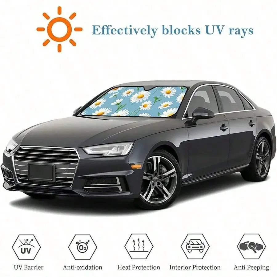 Foldable Car Sunshade With Daisy Pattern Blue Background UV Protection For Front Window
Foldable Car Sunshade With Daisy Pattern Blue Background UV Protection For Front Window