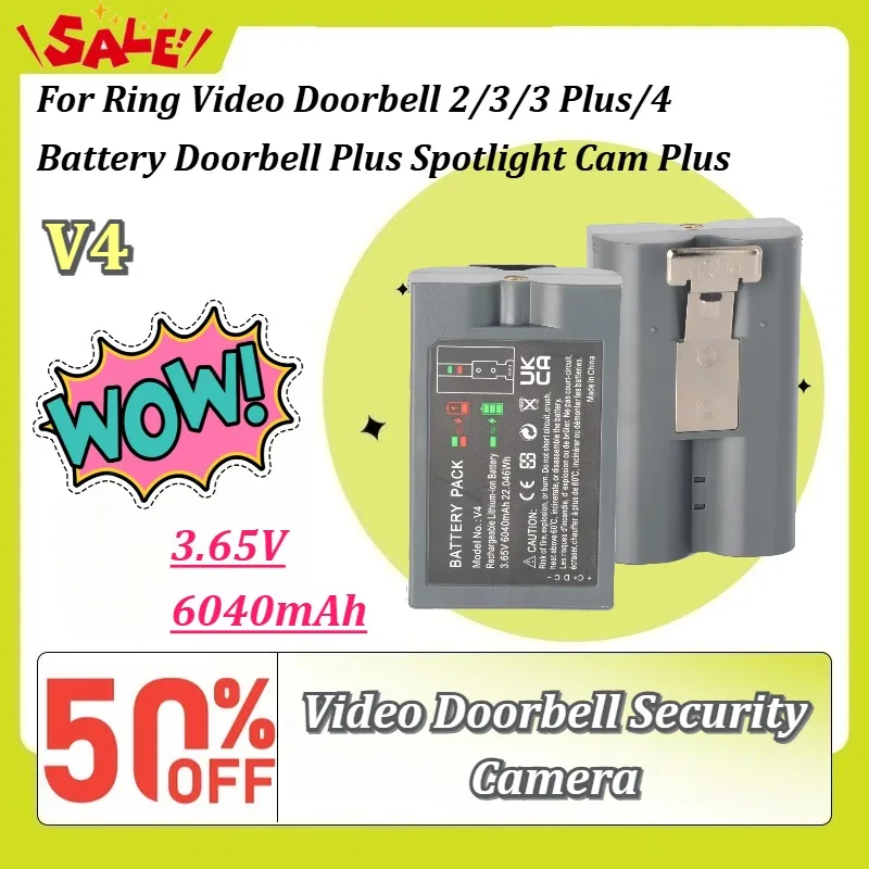 New V4 3.65V 6040mAh Quick Release Battery Pack for Ring Video Doorbell 2/3/3 Plus/4 Battery Doorbell Plus Spotlight Cam Plus
New V4 3.65V 6040mAh Quick Release Battery Pack for Ring Video Doorbell 2/3/3 Plus/4 Battery Doorbell Plus Spotlight Cam Plus