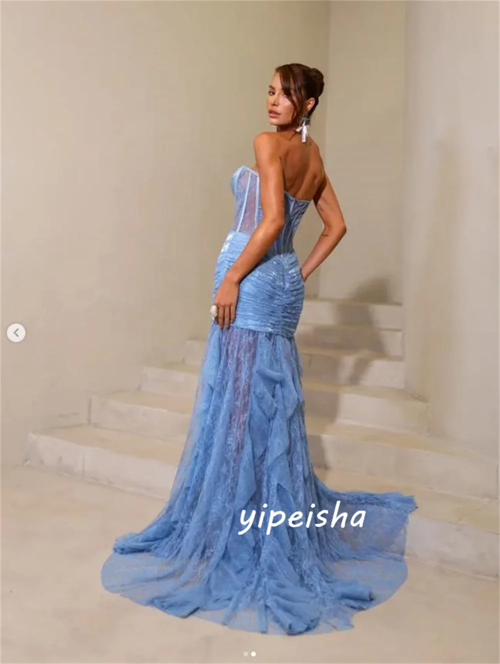 Customized Blue Sexy Modest Lace Draped Pleat Ruched Mermaid Strapless Floor-Length Evening Dresses Sizes Available for Woman
Customized Blue Sexy Modest Lace Draped Pleat Ruched Mermaid Strapless Floor-Length Evening Dresses Sizes Available for Woman