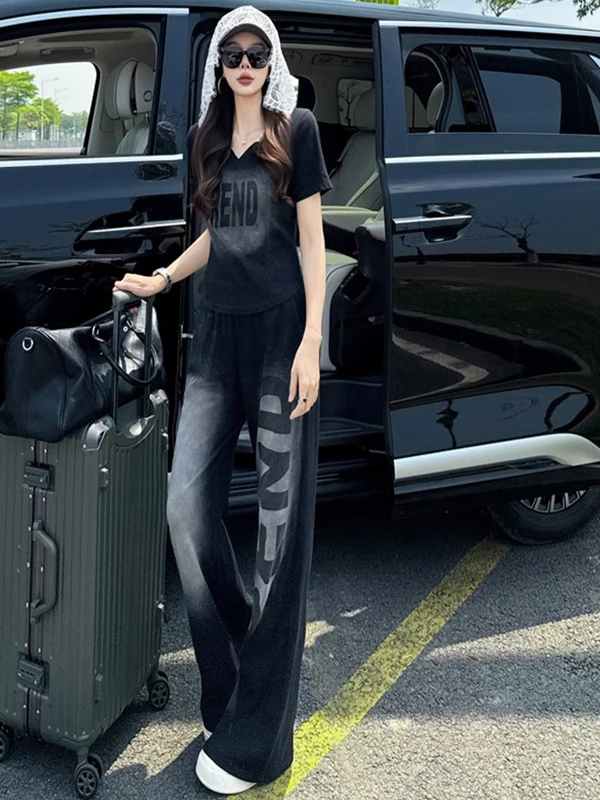 Fashionable Lace Short Sleeve Top And Wide Leg Pants Set for Women Summer Casual Style Black Two Piece Suit Student Work Uniform
Fashionable Lace Short Sleeve Top And Wide Leg Pants Set for Women Summer Casual Style Black Two Piece Suit Student Work Uniform