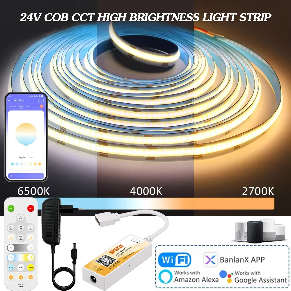 WIFI DC24V CCT COB LED Strip Light 3500K-6500K 3Colors 608LED/m LED Bar Dimmable BanlanX APP Remote Control for Alexa Google
WIFI DC24V CCT COB LED Strip Light 3500K-6500K 3Colors 608LED/m LED Bar Dimmable BanlanX APP Remote Control for Alexa Google