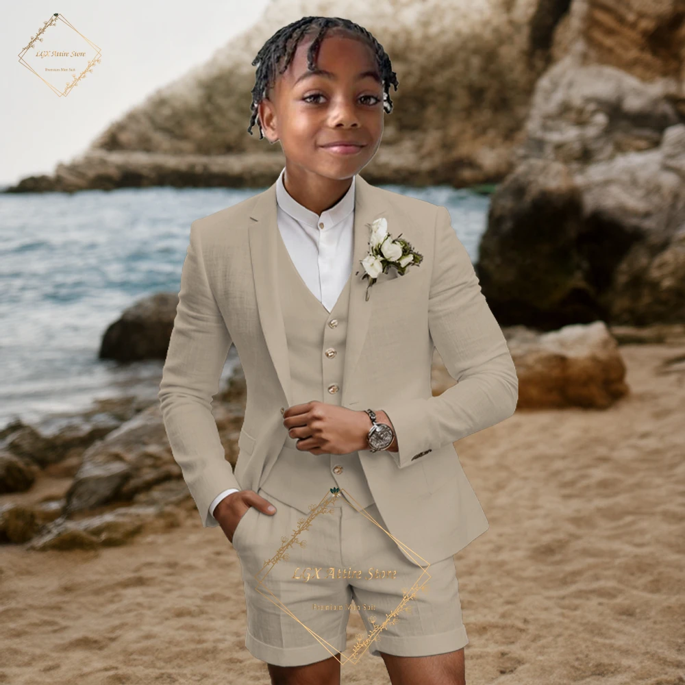 Boys' Custom 3-Piece Linen Suit, Notch Lapel Blazer, Waistcoat & Cuffed Shorts for Beach Weddings & Summer Ceremonies
Boys' Custom 3-Piece Linen Suit, Notch Lapel Blazer, Waistcoat & Cuffed Shorts for Beach Weddings & Summer Ceremonies