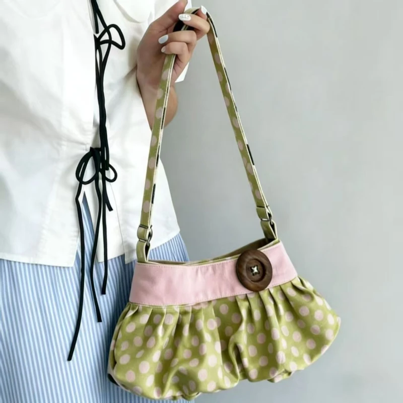 Vintage Polka Dot Pleated Hobo Bag, Large Capacity Ruched Shoulder Purse, Wooden Button Decor Casual Commute Tote for Women
Vintage Polka Dot Pleated Hobo Bag, Large Capacity Ruched Shoulder Purse, Wooden Button Decor Casual Commute Tote for Women