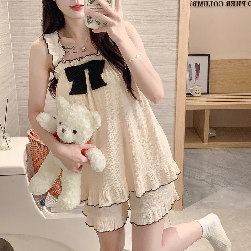 New Women's Pajamas Homewear Summer Sleeveless Homewear Suit Thin Sweet Japanese Loose Ruffles Can Be Worn Outside Pajamas 2
New Women's Pajamas Homewear Summer Sleeveless Homewear Suit Thin Sweet Japanese Loose Ruffles Can Be Worn Outside Pajamas 2
