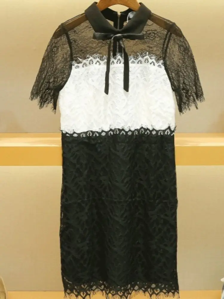 Women Color Patchwork Dress Lace Spliced Bow Turn-down Collar Short Sleeve Elegant Mini Robe
Women Color Patchwork Dress Lace Spliced Bow Turn-down Collar Short Sleeve Elegant Mini Robe