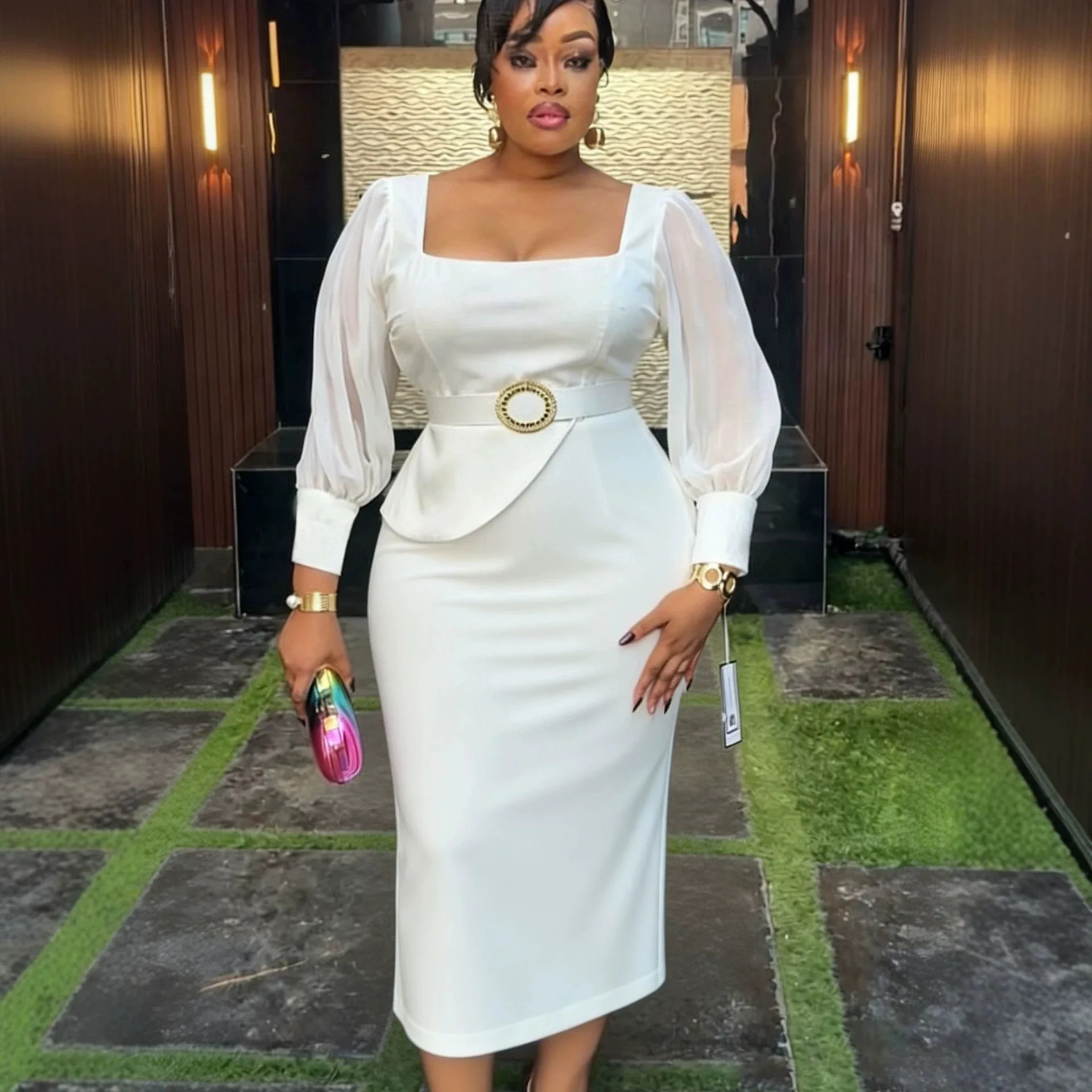 Plus-size Women's White Square-neck Dress With Mesh Puff Sleeves, Waist-cinching, Lady-embellished, Bodycon Midi Dress Y2K
Plus-size Women's White Square-neck Dress With Mesh Puff Sleeves, Waist-cinching, Lady-embellished, Bodycon Midi Dress Y2K