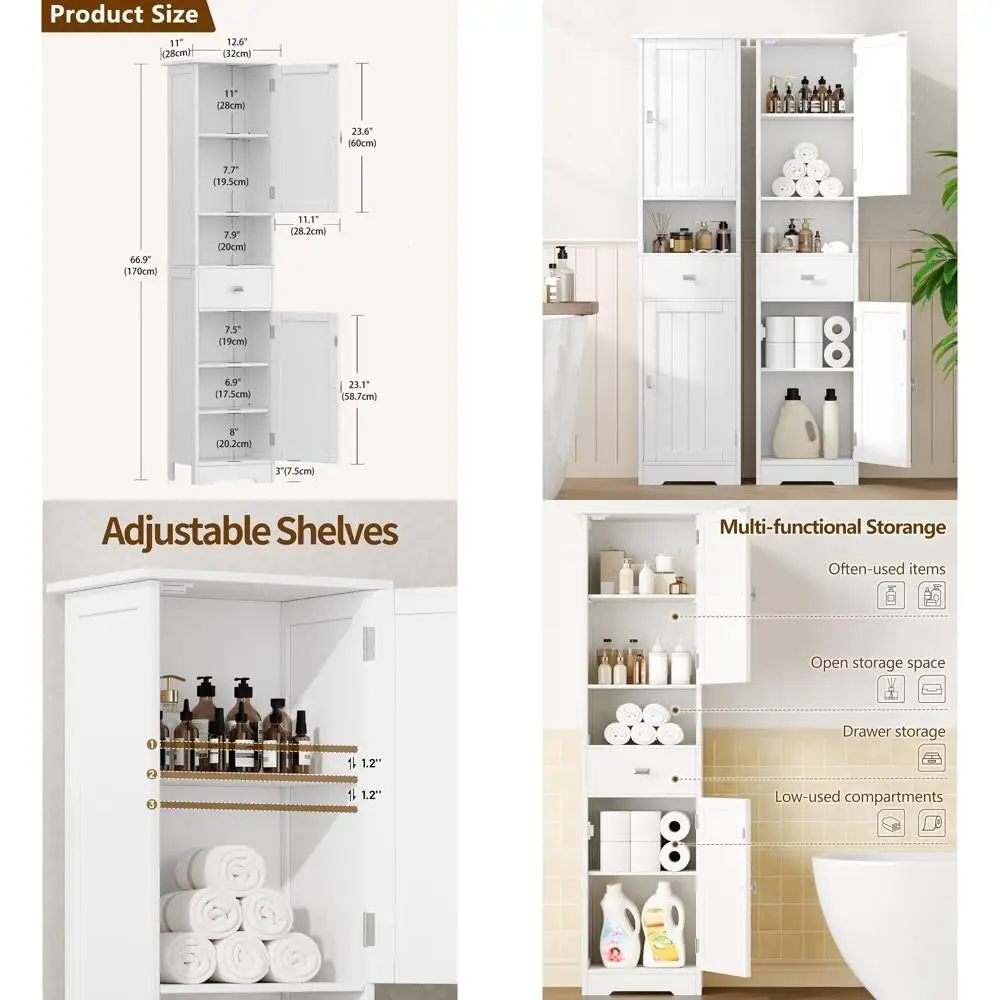 67 Tall Narrow Floor Cabinet with 2 Doors, Adjustable Shelves, Drawer, Anti-Tip, 11.8x12.6x66.9, White
67 Tall Narrow Floor Cabinet with 2 Doors, Adjustable Shelves, Drawer, Anti-Tip, 11.8x12.6x66.9, White