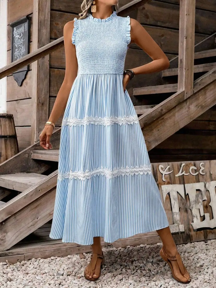 Women Sleeveless Striped Midi Dress with Lace Trim and Smocked Bodice
Women Sleeveless Striped Midi Dress with Lace Trim and Smocked Bodice