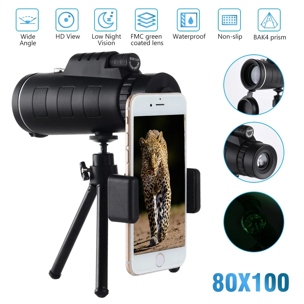 80x100 HD ZOOM Powerful Monocular Telescope Outdoor Portable Long Range Waterproof Camping Telescope with Aluminium Alloy Tripod
80x100 HD ZOOM Powerful Monocular Telescope Outdoor Portable Long Range Waterproof Camping Telescope with Aluminium Alloy Tripod