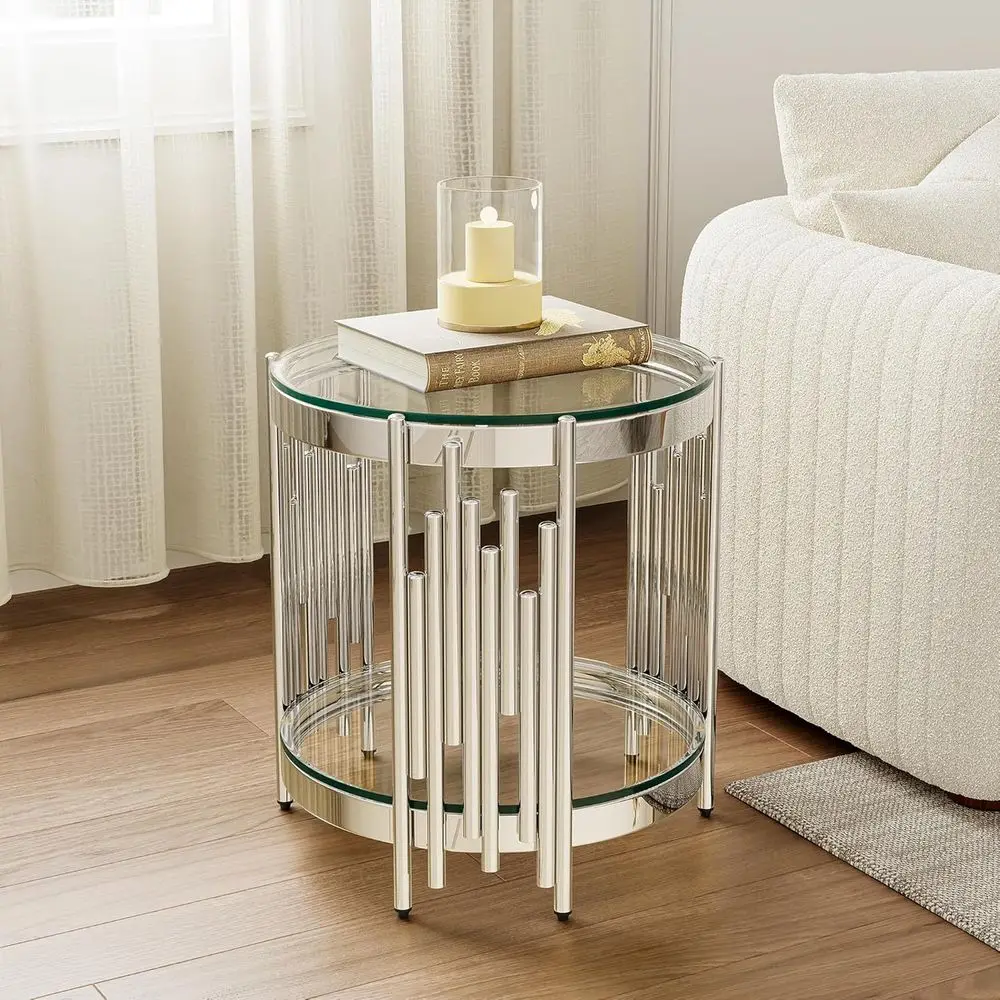 19 Modern 2-Tier Glass End Table with Tempered Glass Top and Silver Stainless Steel Base for Living Room or Bedroom
19 Modern 2-Tier Glass End Table with Tempered Glass Top and Silver Stainless Steel Base for Living Room or Bedroom