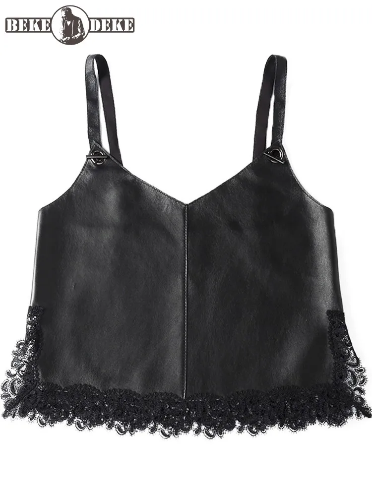 Spring New Women Casual Strap Vest Tops Lace Patchwork Sheepskin Genuine Leather Suspended Vest Ladies Short Outwear Waistcoat
Spring New Women Casual Strap Vest Tops Lace Patchwork Sheepskin Genuine Leather Suspended Vest Ladies Short Outwear Waistcoat