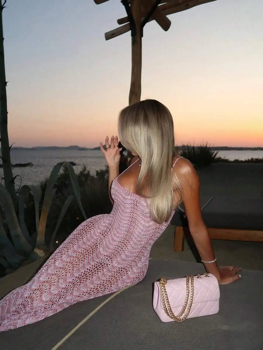 Pink Zigzag Hollow-Knit Maxi Slip Dress With Open Back And Side Slit Boho Chic For Beach Festival Date Night Summer Wear
Pink Zigzag Hollow-Knit Maxi Slip Dress With Open Back And Side Slit Boho Chic For Beach Festival Date Night Summer Wear