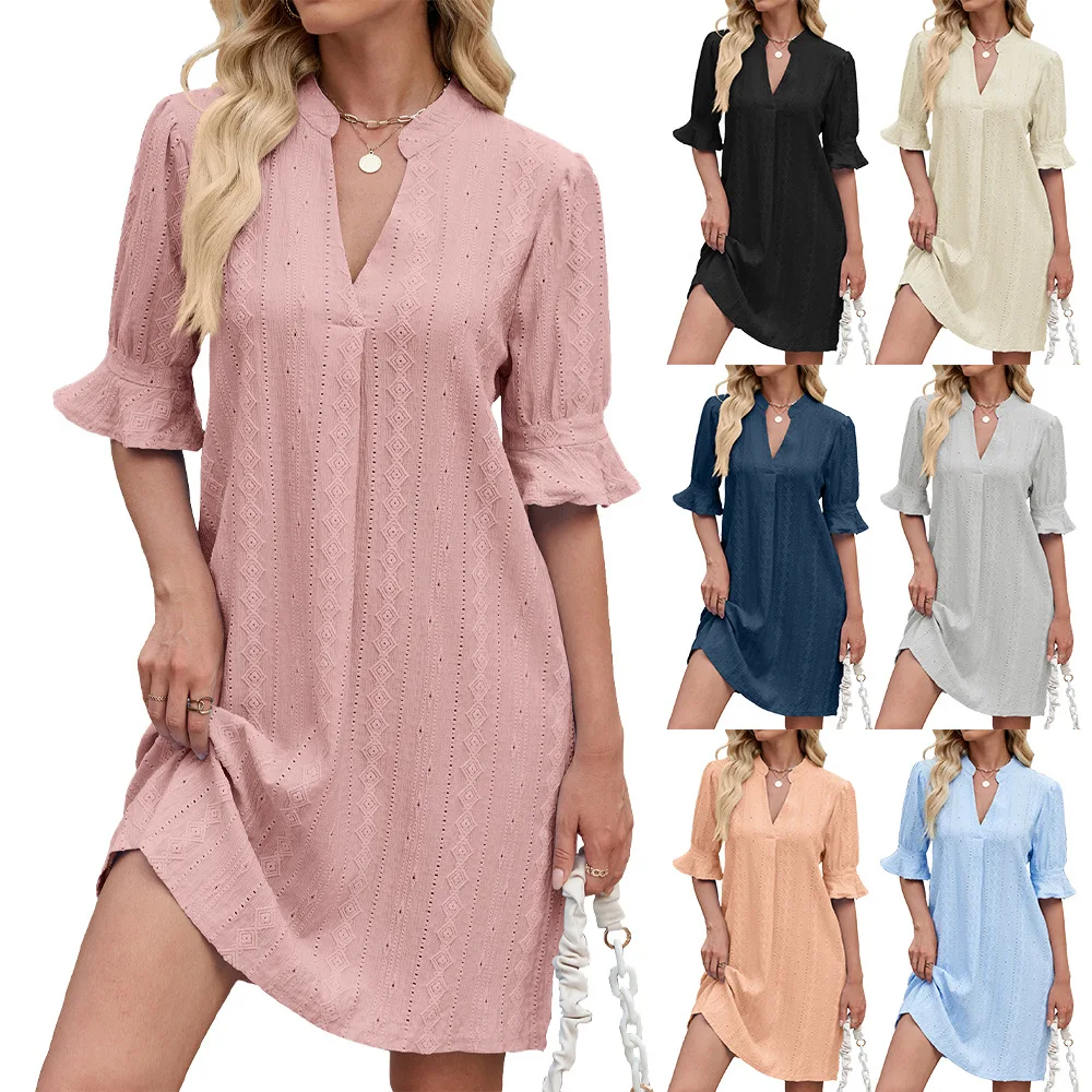 Women Casual Dress Solid Color Jacquard Five Point Sleeves V Neck Loose Dress Women's Plus Size Casual dress
Women Casual Dress Solid Color Jacquard Five Point Sleeves V Neck Loose Dress Women's Plus Size Casual dress