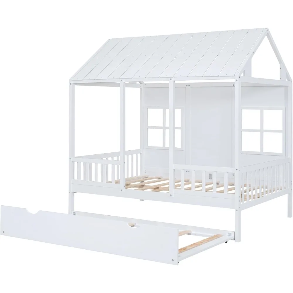 Modern House Daybed Frame for Kids, Full Size House Bed, Wood House Platform Bed with Trundle and Full-Length Guardrails
Modern House Daybed Frame for Kids, Full Size House Bed, Wood House Platform Bed with Trundle and Full-Length Guardrails
